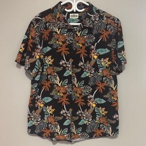 Men's Black Floral Tropical Short-Sleeve Button-Down Shirt